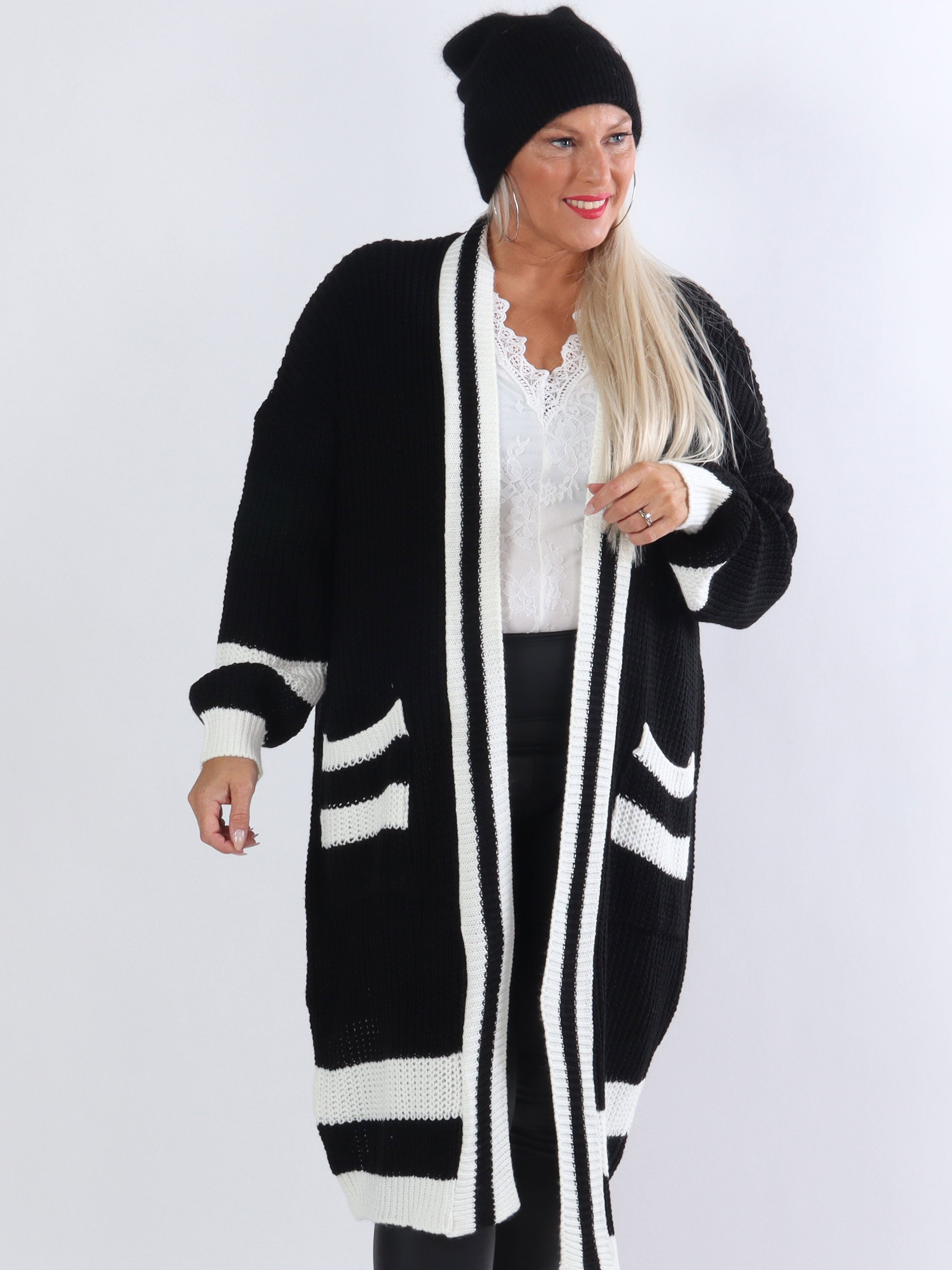 Kit - Lang plus size cardigan i strik med hvid stribe